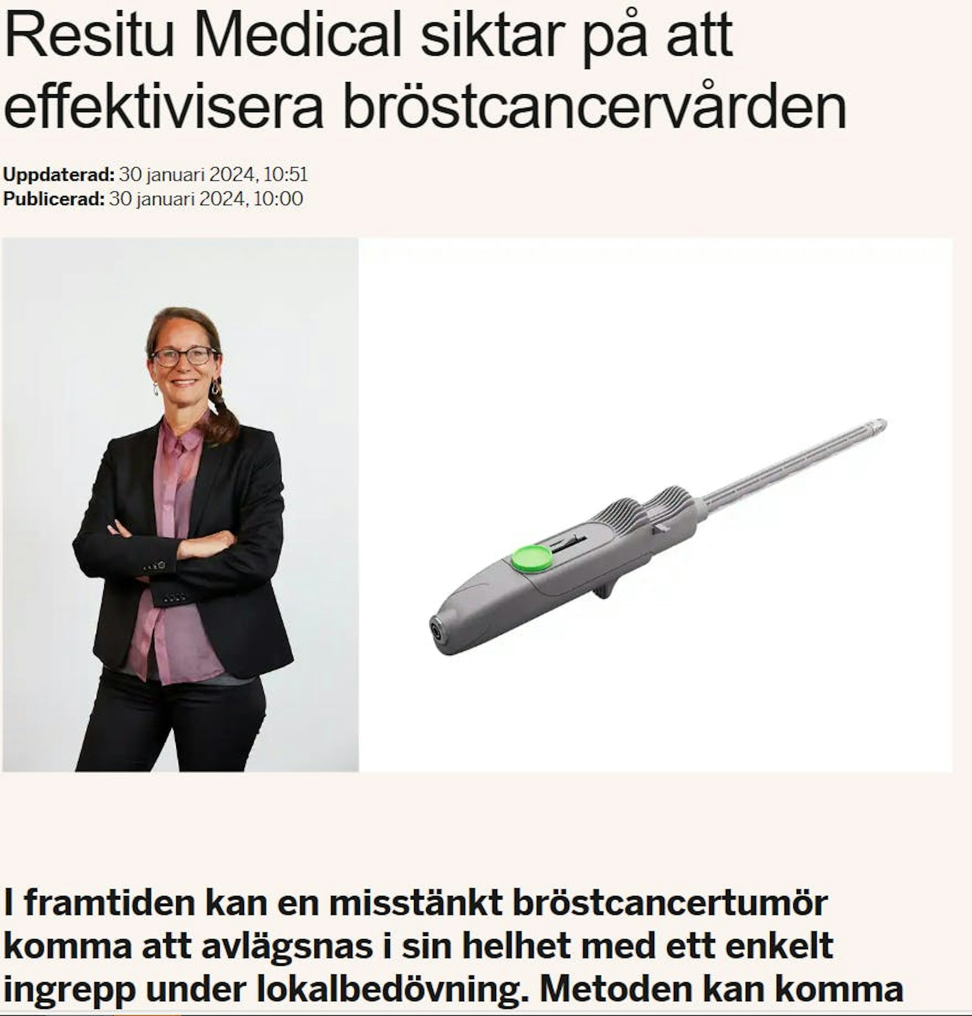 Resitu medical interview in newspaper Dagens Industri